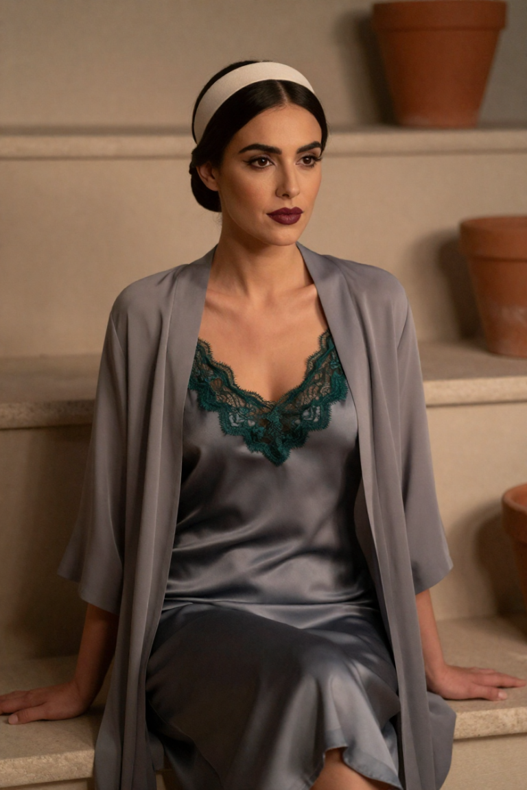 HuarenSite muse in a slate silk slip dress seated on a stone bench